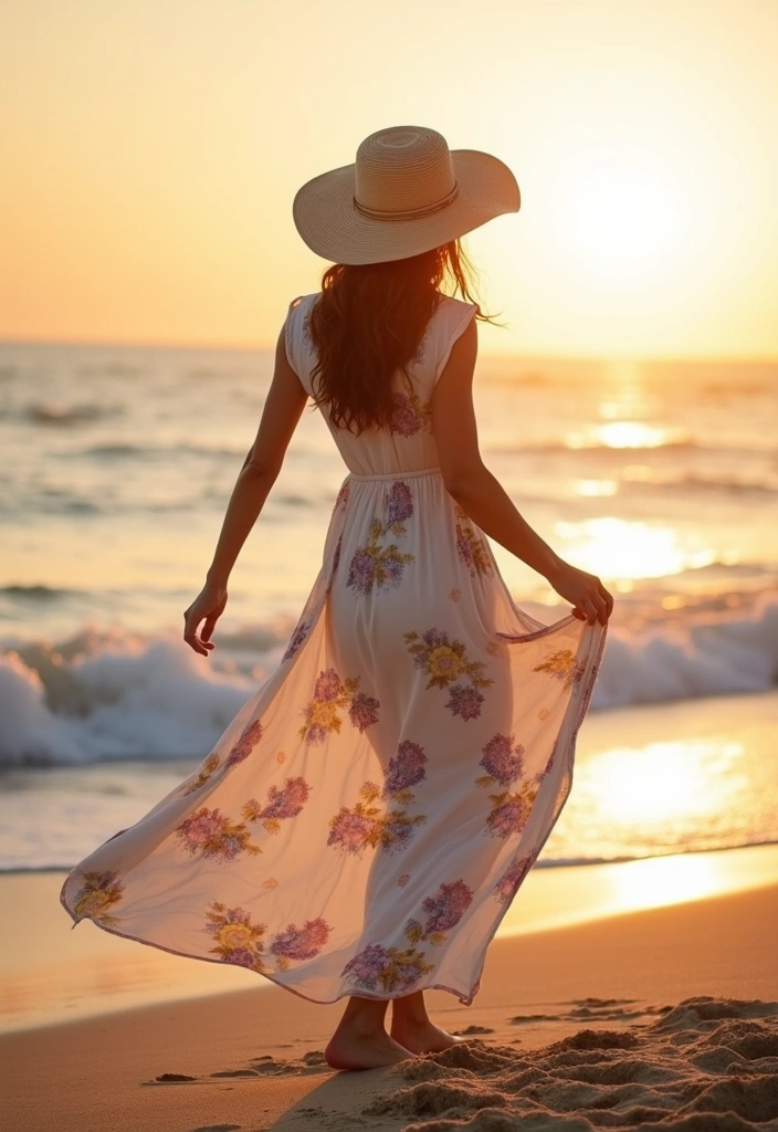 A woman wearing a flowy floral maxi dress at sunset on the beach, highlighting a breezy example of sustainable summer fashion.