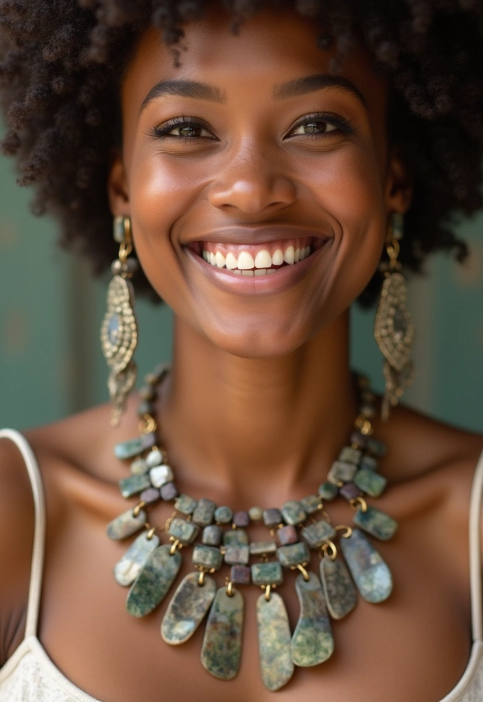 A close-up of a smiling woman wearing a statement necklace made from ethically sourced gemstones, showcasing the elegance of ethical jewellery in sustainable summer fashion.