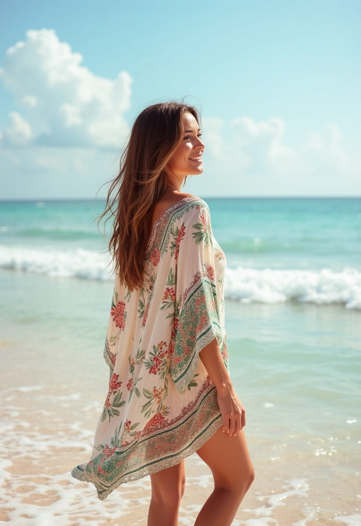 A woman wearing a floral eco-friendly beach cover-up while enjoying the shoreline, representing a stylish approach to sustainable summer fashion.