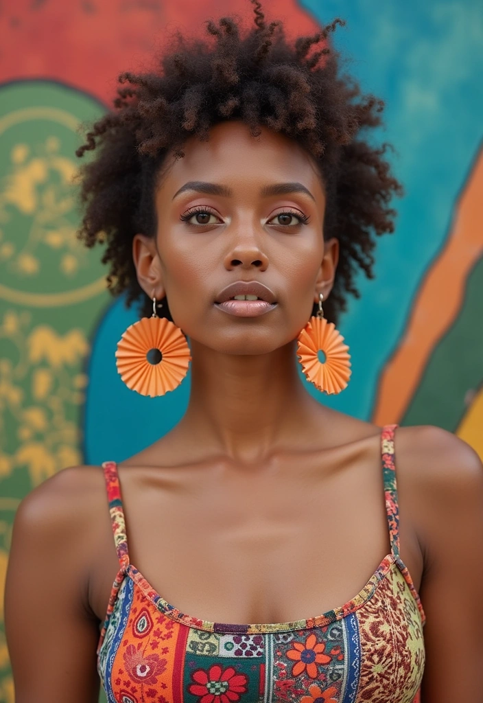 A woman wearing vibrant upcycled statement earrings and a colorful boho-print top, showcasing a bold take on sustainable summer fashion.