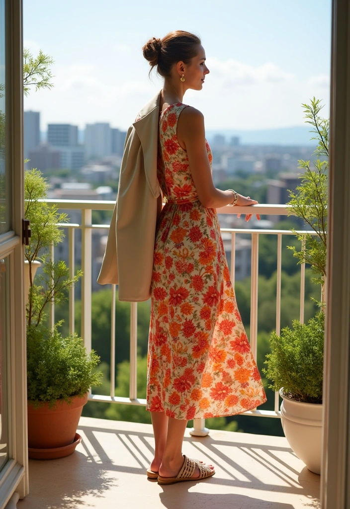 A woman wearing a floral print midi dress paired with a blazer over her shoulder, capturing a breezy womens summer work outfit on a balcony overlooking the city.