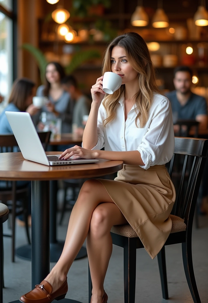 A woman wearing a crisp white blouse paired with a tan skirt and loafers, sipping coffee while working on a laptop in a cafe, illustrating a stylish womens summer work outfit.