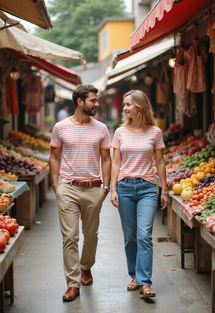 13 Matching Summer Outfits for Couples That Are Chic and Effortless! - 4. Effortless Striped Tees and Chinos